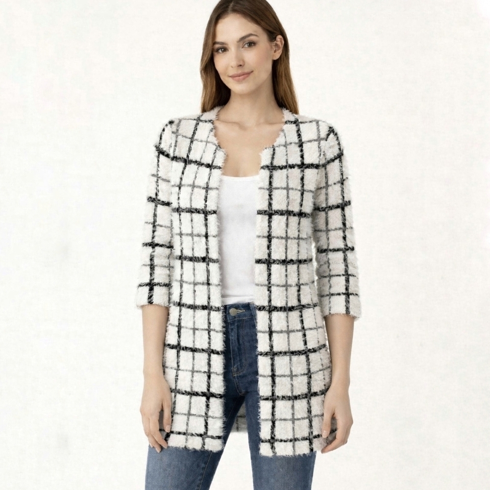 Open Windowpane Plaid Cardigan Sweater Fuzzy Eyelash Texture S